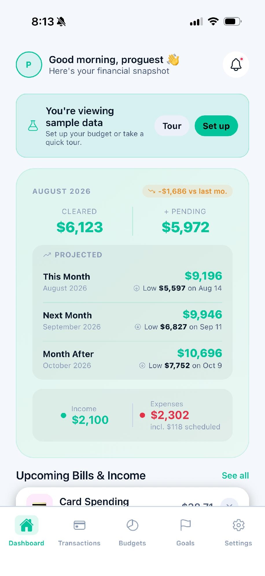 MintMonitor dashboard showing balance and projections